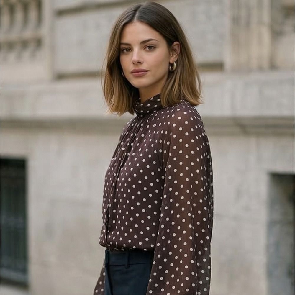 Long Sleeve Dots Printed Blous - огляд і ціна Street Fashion Necklace