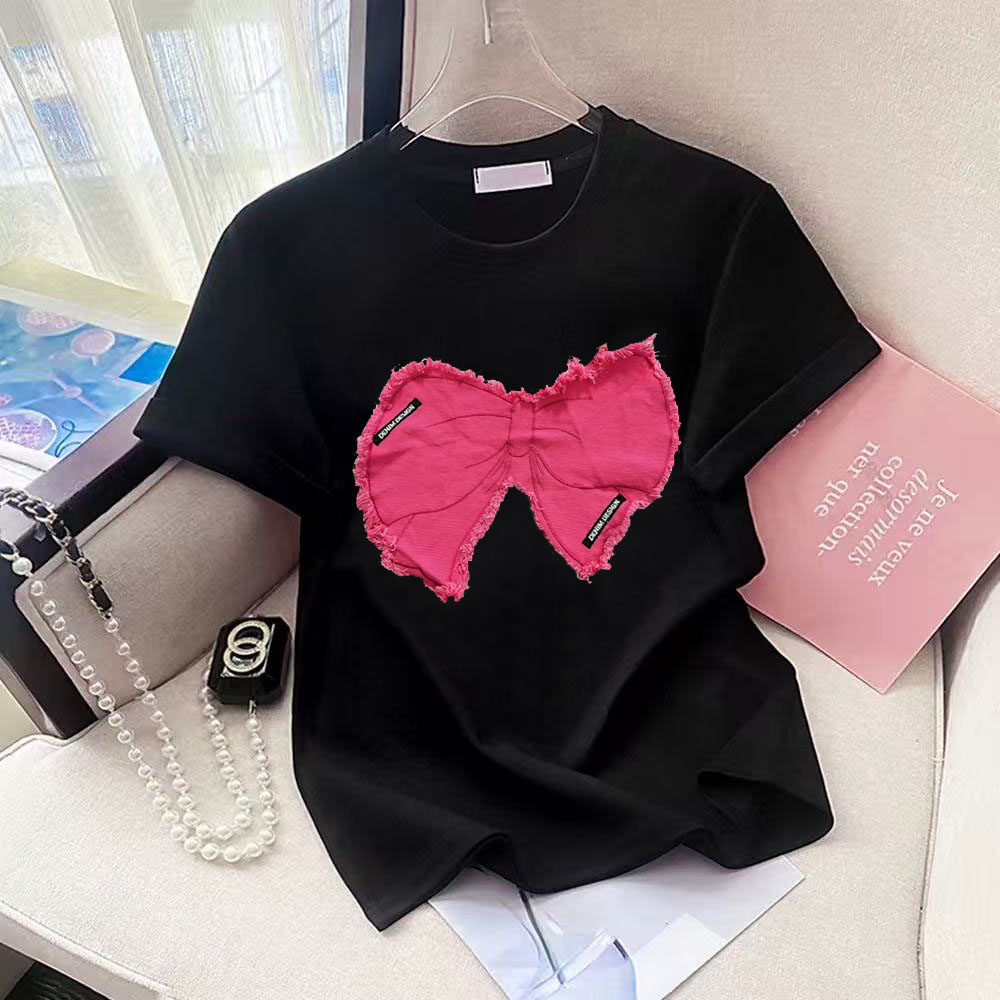 Rose Red Denim Bow Tie O-Neck  - огляд і ціна Street Fashion Shanghai
